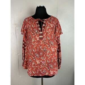 NEW LOFT BLOUSE Auburn Floral Paisley Ruffle Tie Neck Lightweight Top Size XXL